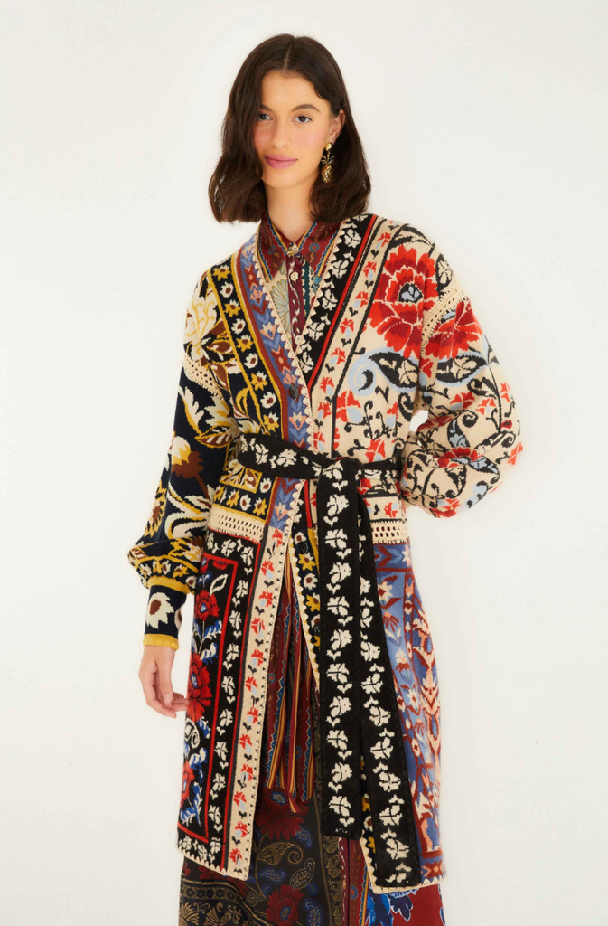 Flower Print Patchwork Knit Midi Cardigan