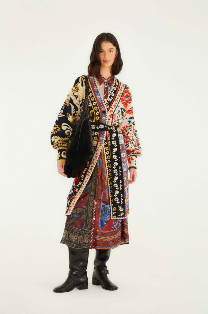 Flower Print Patchwork Knit Midi Cardigan