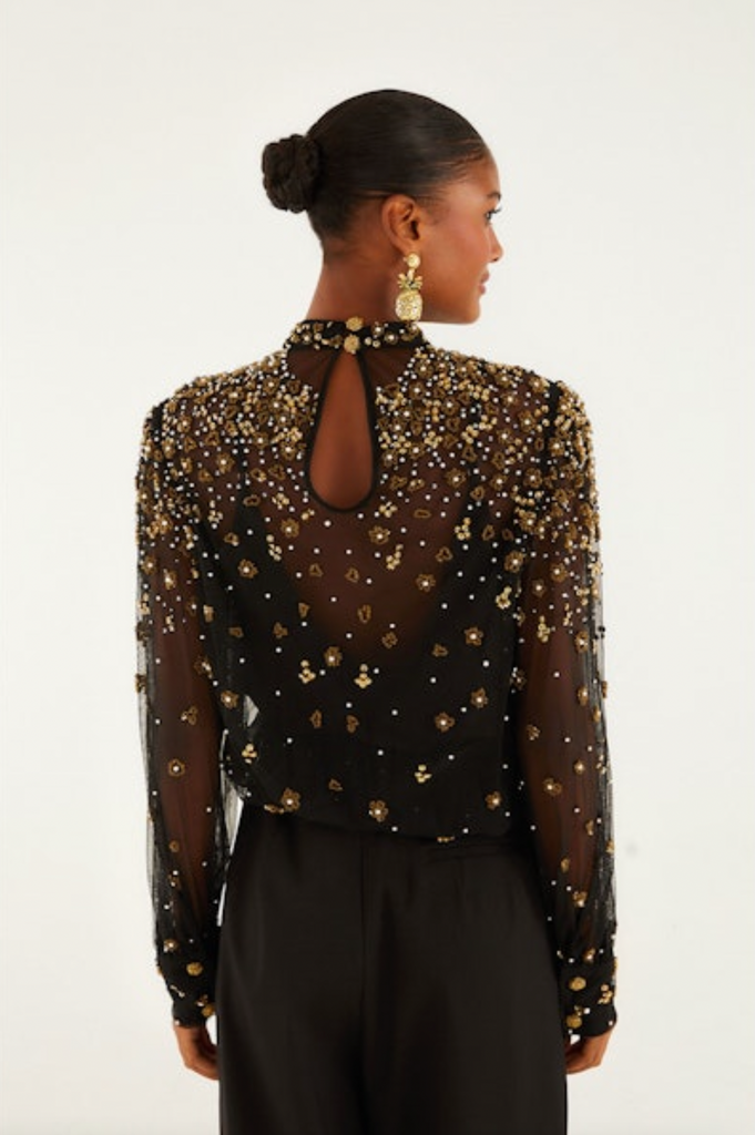 Embroidered Bubble Tulle Black Blouse