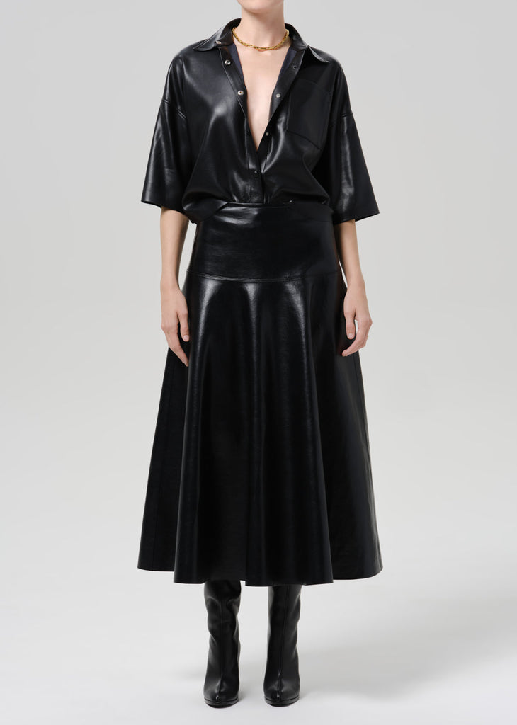 Frances Cropped Cape Recycled Leather Button Up in Black