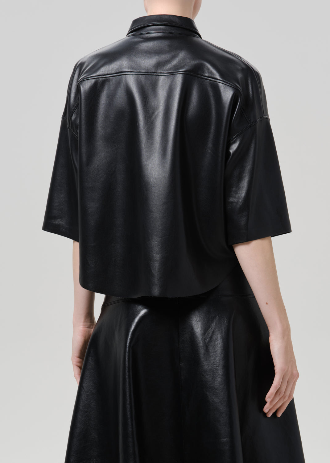 Frances Cropped Cape Recycled Leather Button Up in Black