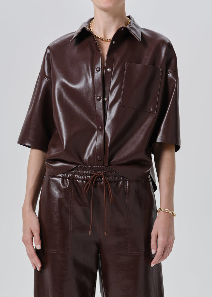 Frances Cropped Cape Recycled Leather Button Up in Burgundy