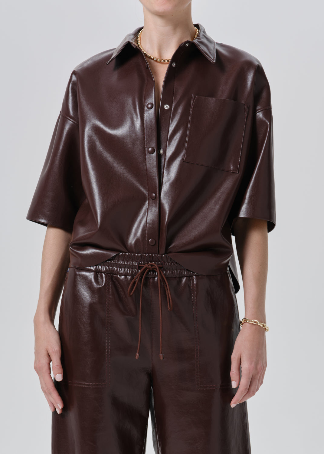 Frances Cropped Cape Recycled Leather Button Up in Burgundy