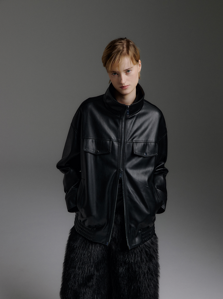 Freddie Soft PU Leather Utility Jumper in Black