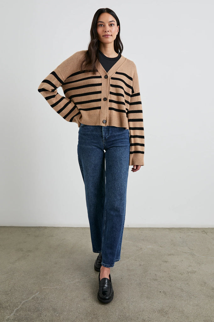 Geneva Cardigan in Camel Black Stripe