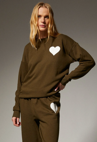 Heart Sweatshirt in Olive/White