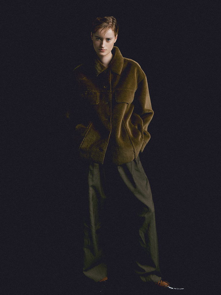 Hush Lightweight Faux Fur Shirt Jacket in Khaki Green