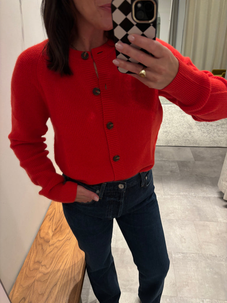 Cashmere Waffle Cardigan in French Red