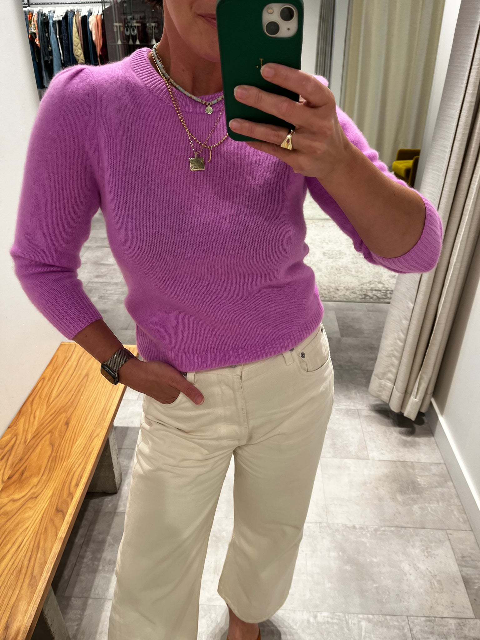 Cashmere Featherweight Puff Sleeve Crewneck in Neon Mauve