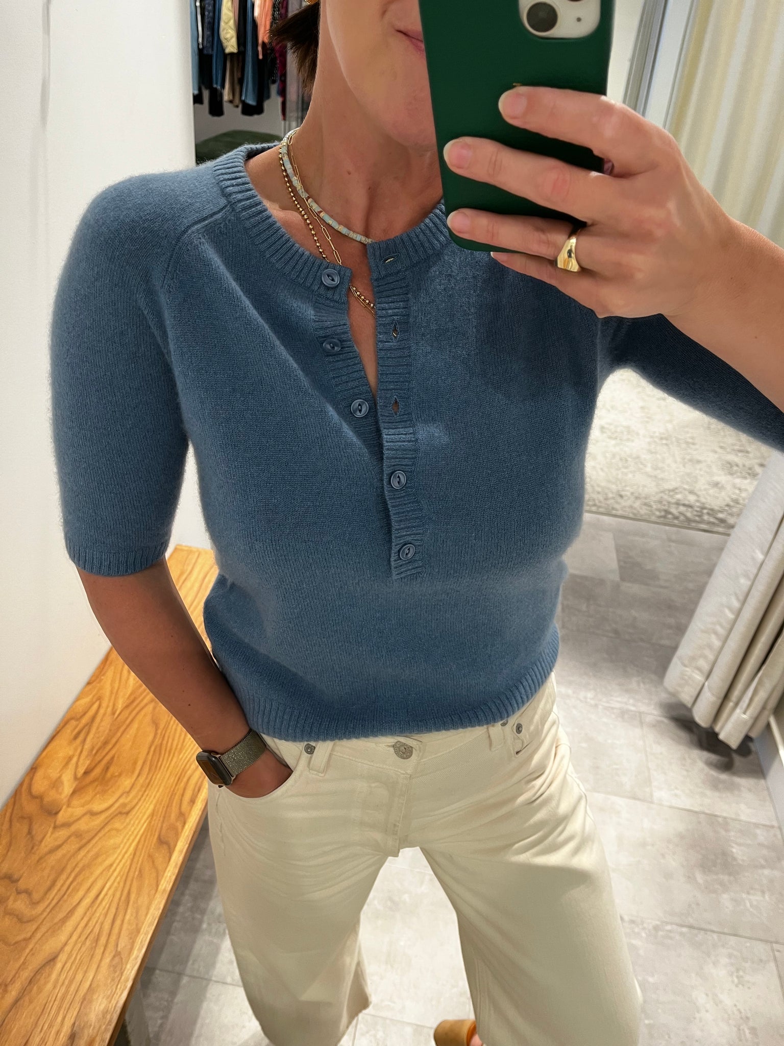 Cashmere Short Sleeve Henley in Blue Thistle