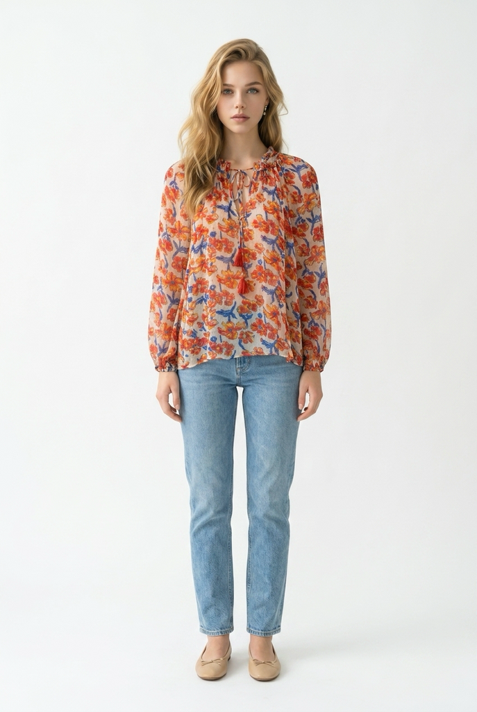Penny Blouse in Chiffon Watercolor Print Clementine