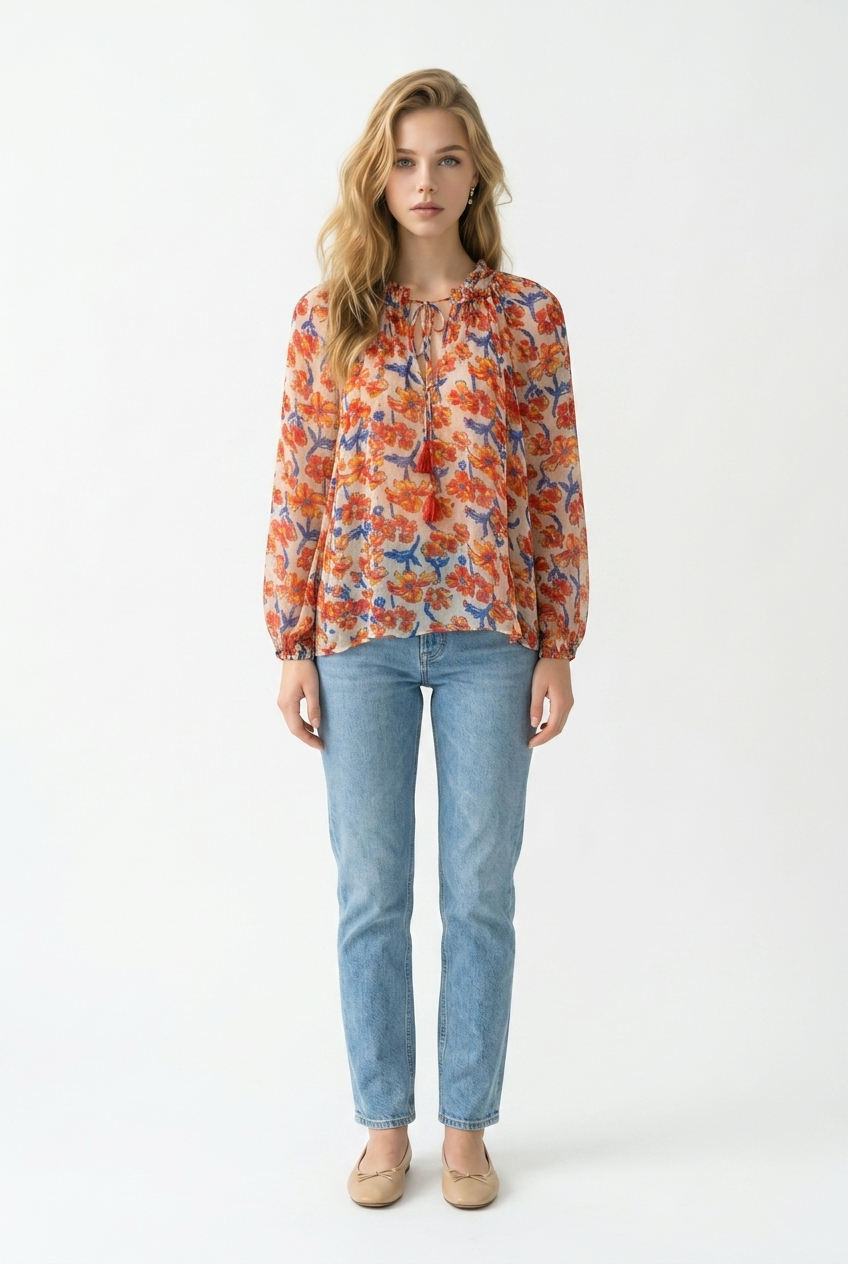 Penny Blouse in Chiffon Watercolor Print Clementine