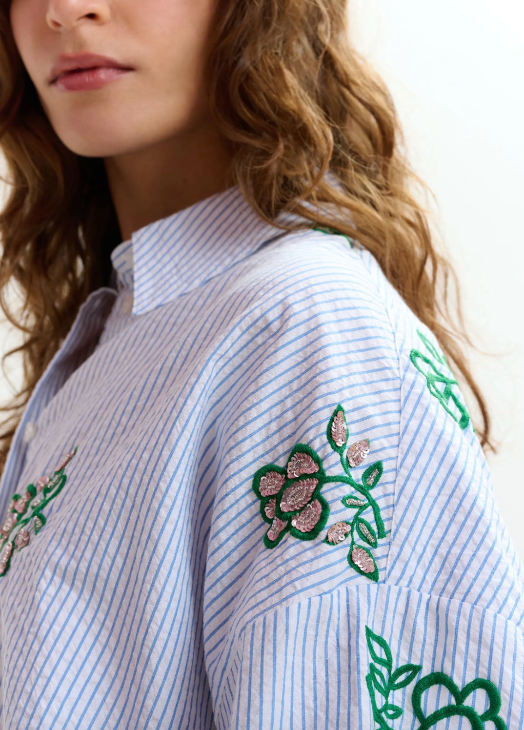 Jalinki Embroidered Shirt in Light Blue Pinstipes and Embroidered Details