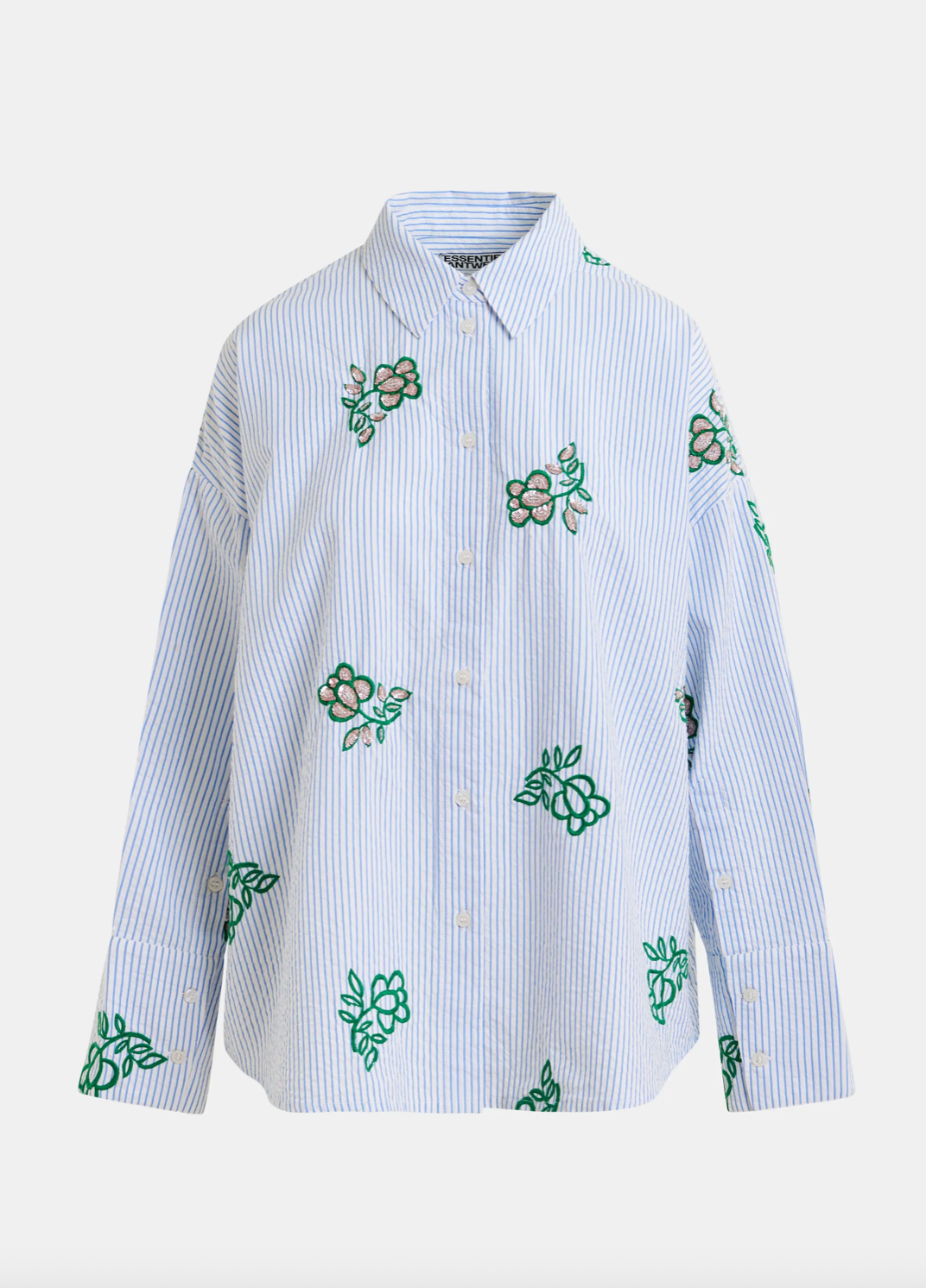 Jalinki Embroidered Shirt in Light Blue Pinstipes and Embroidered Details