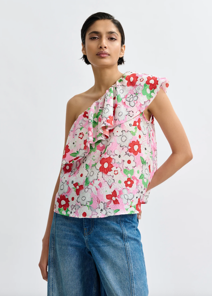Jiland Asymmetric Ruffle Top in Off-White and Multicolor