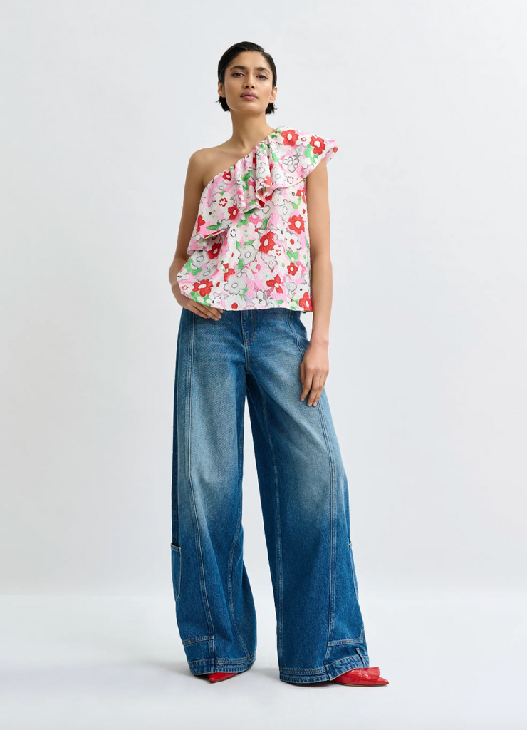 Jiland Asymmetric Ruffle Top in Off-White and Multicolor