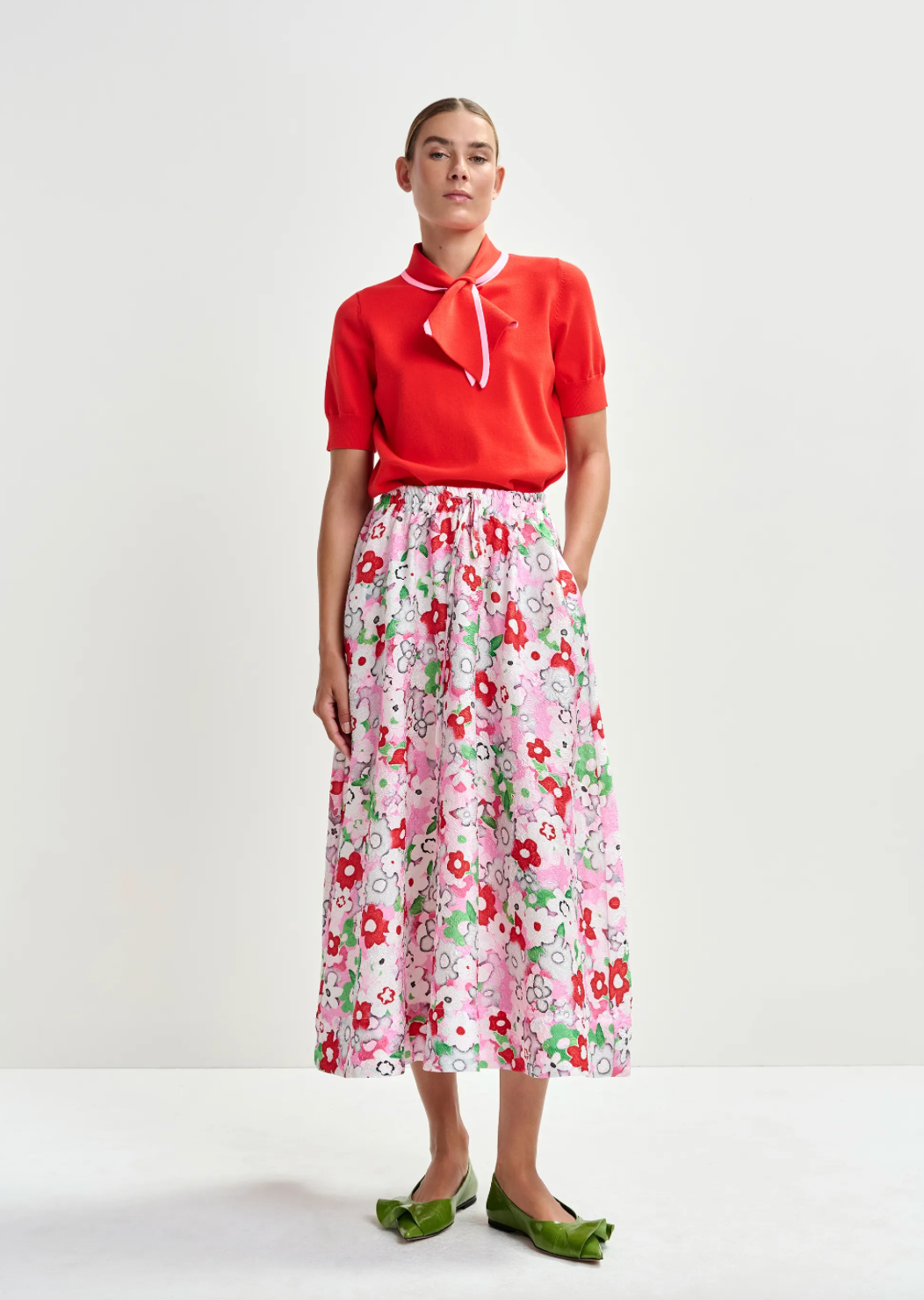 Julianne Floral Jacquard Midi Skirt in Off-White and Multicolor