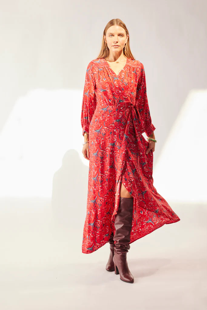 Kate Long Sleeve Dress in Silk Watercolor Print Vermillion