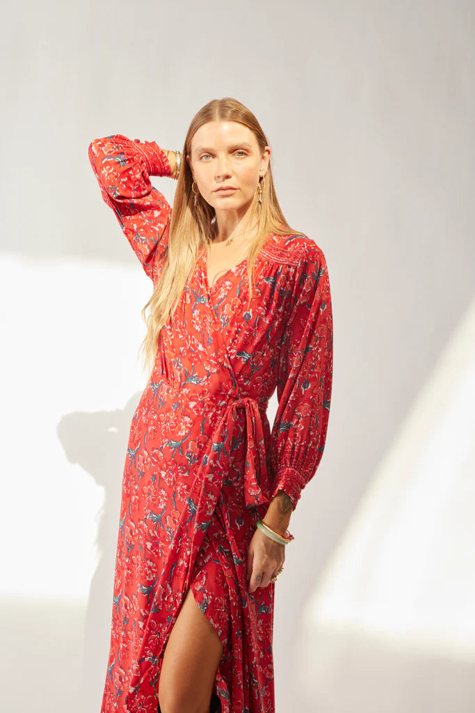 Kate Long Sleeve Dress in Silk Watercolor Print Vermillion