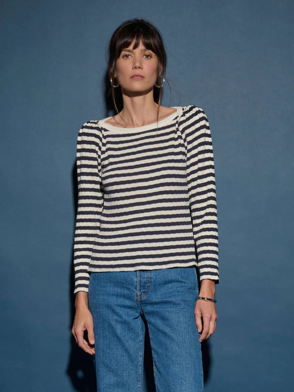 Amelie Top in Navy and White Pointelle Stripe