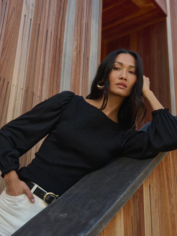 Aidan Smocked Top in Jet Black