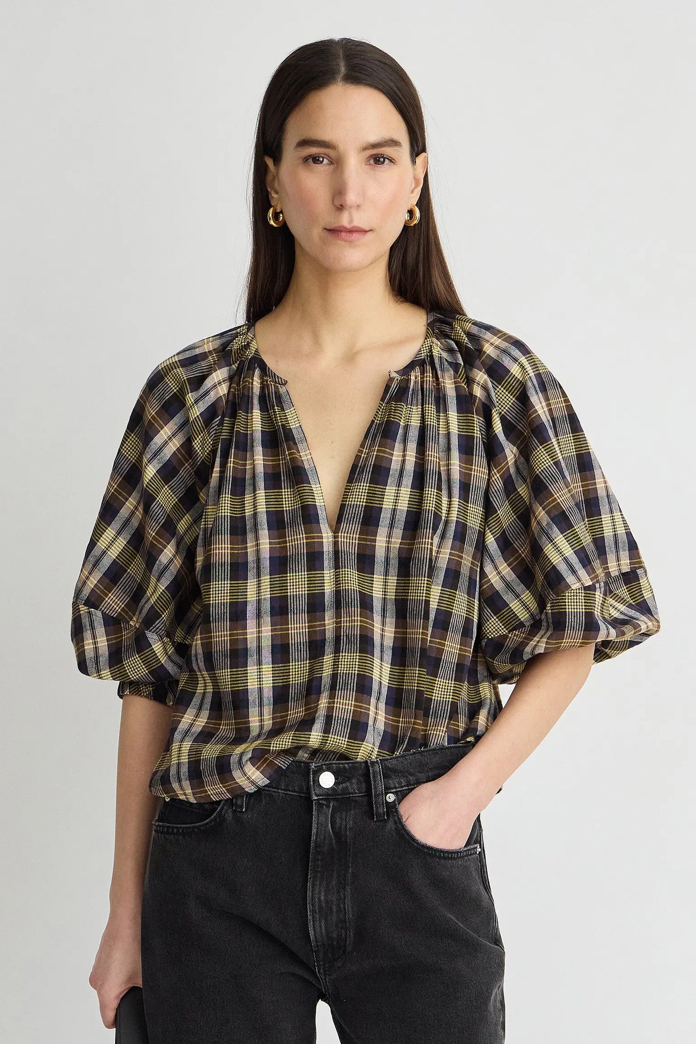 Nele Lantern Sleeve Top in Basket Weave Plaid