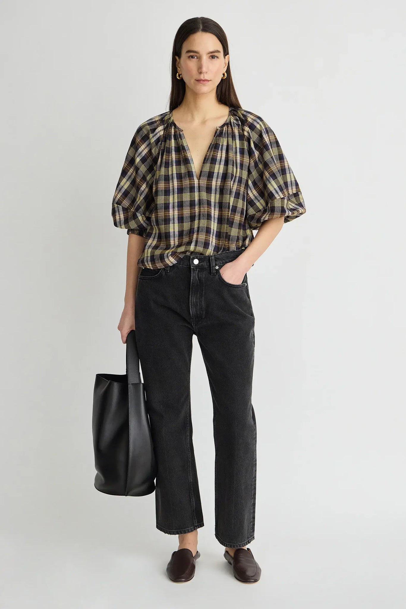 Nele Lantern Sleeve Top in Basket Weave Plaid