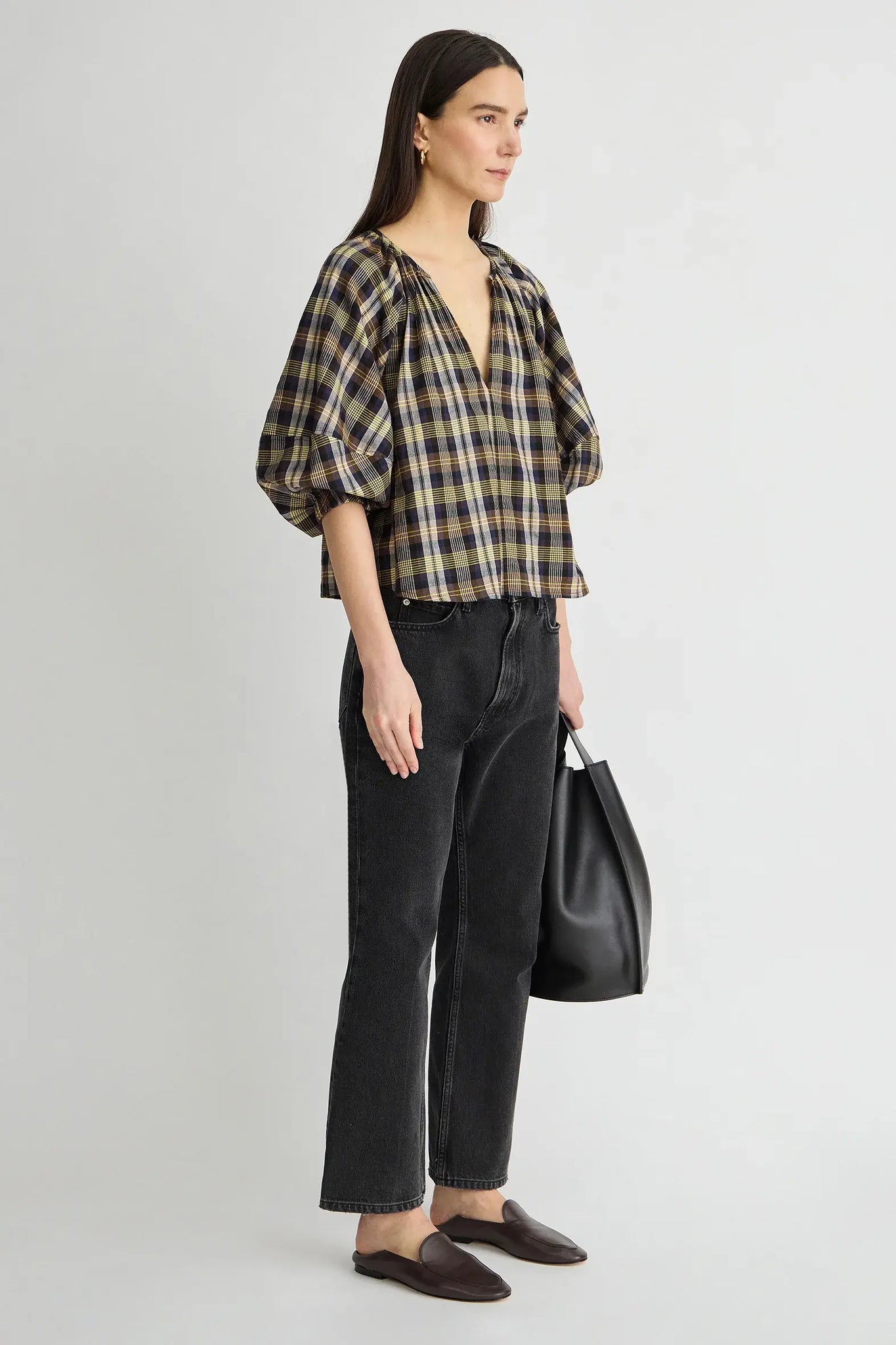 Nele Lantern Sleeve Top in Basket Weave Plaid