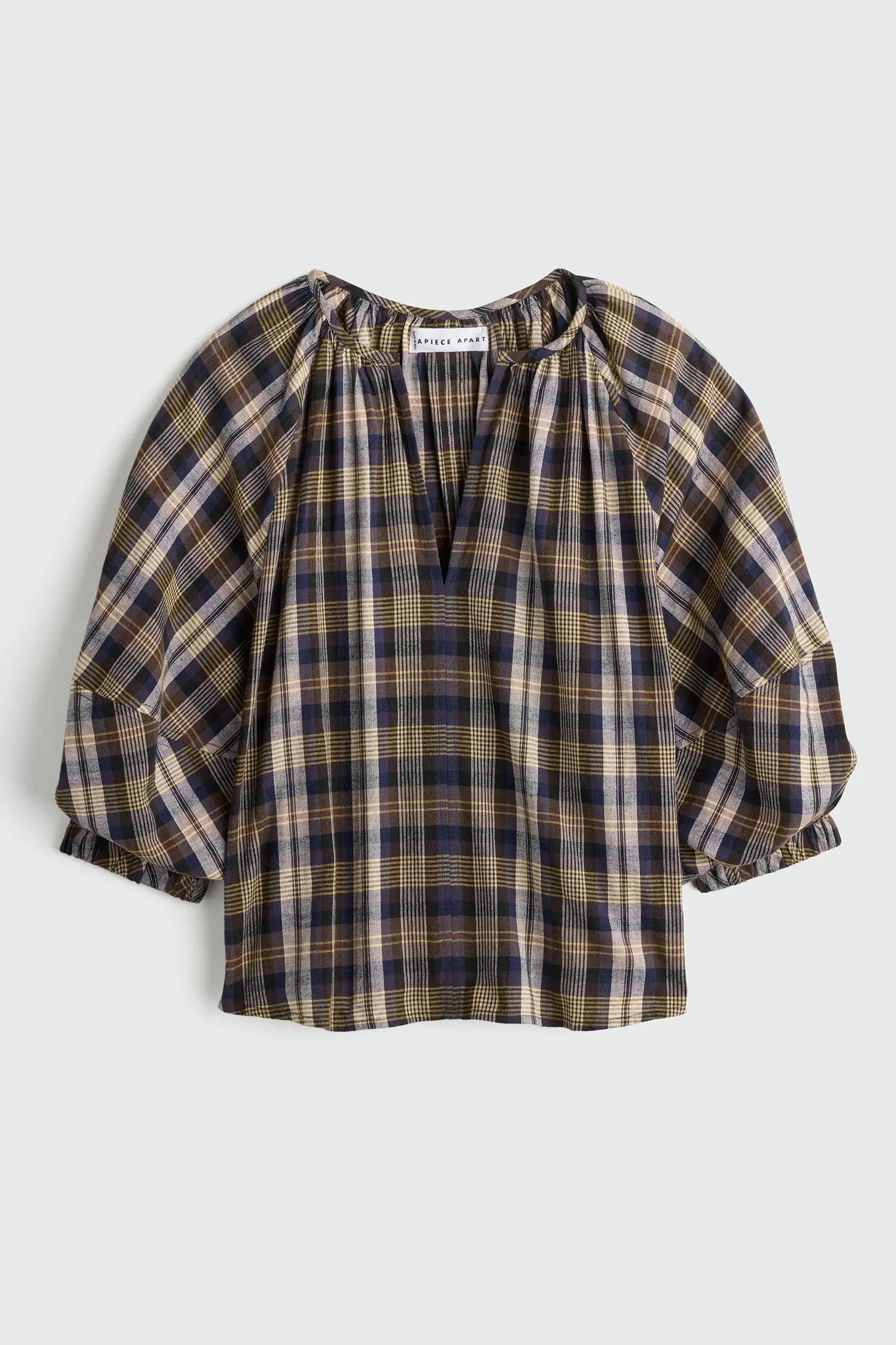 Nele Lantern Sleeve Top in Basket Weave Plaid