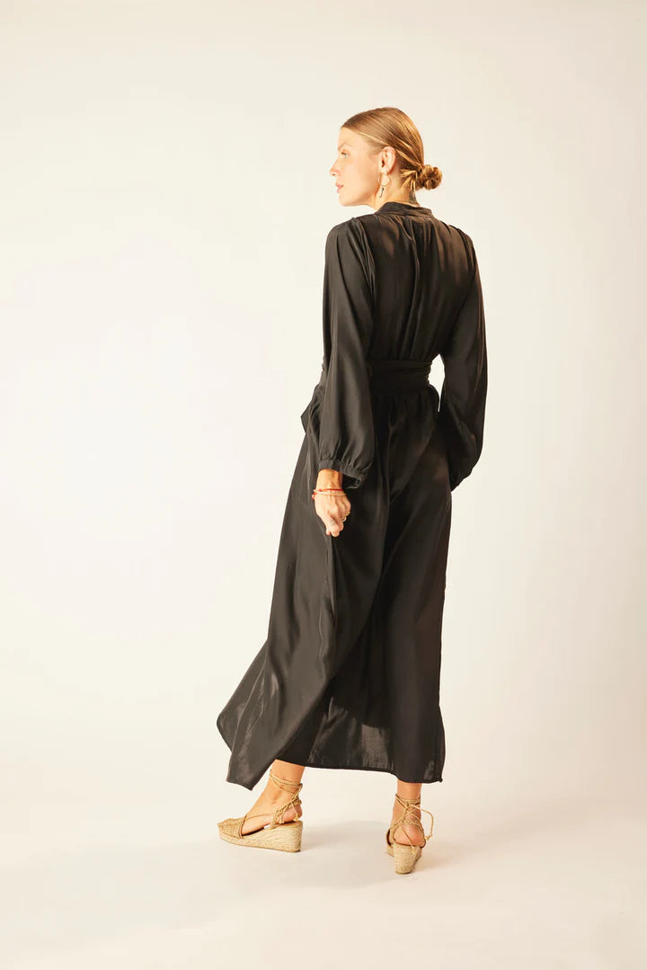 Nico Long Sleeve Maxi with Sash in Black Silk