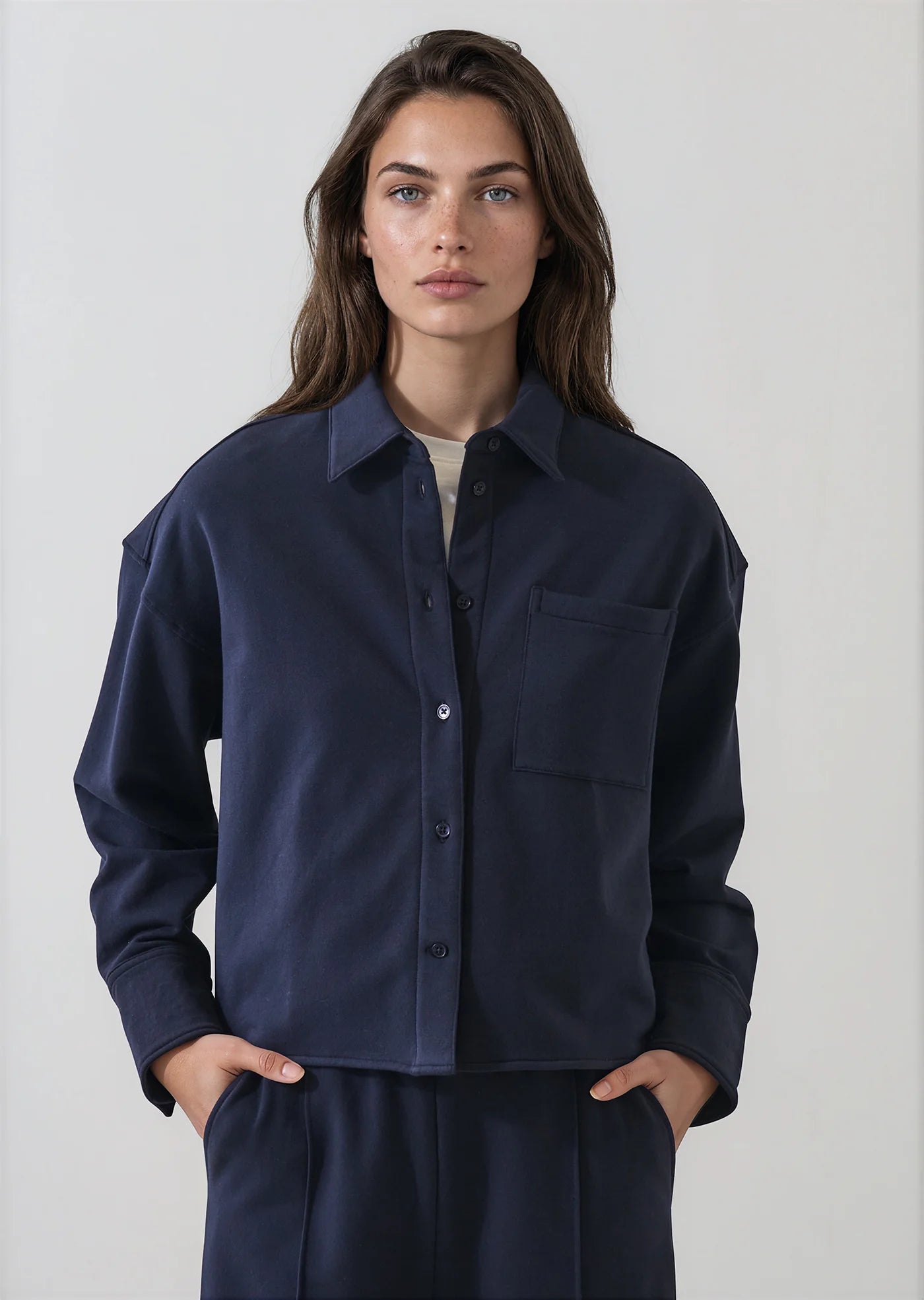 Brushed French Terry Boxy Shirt in Dark Navy