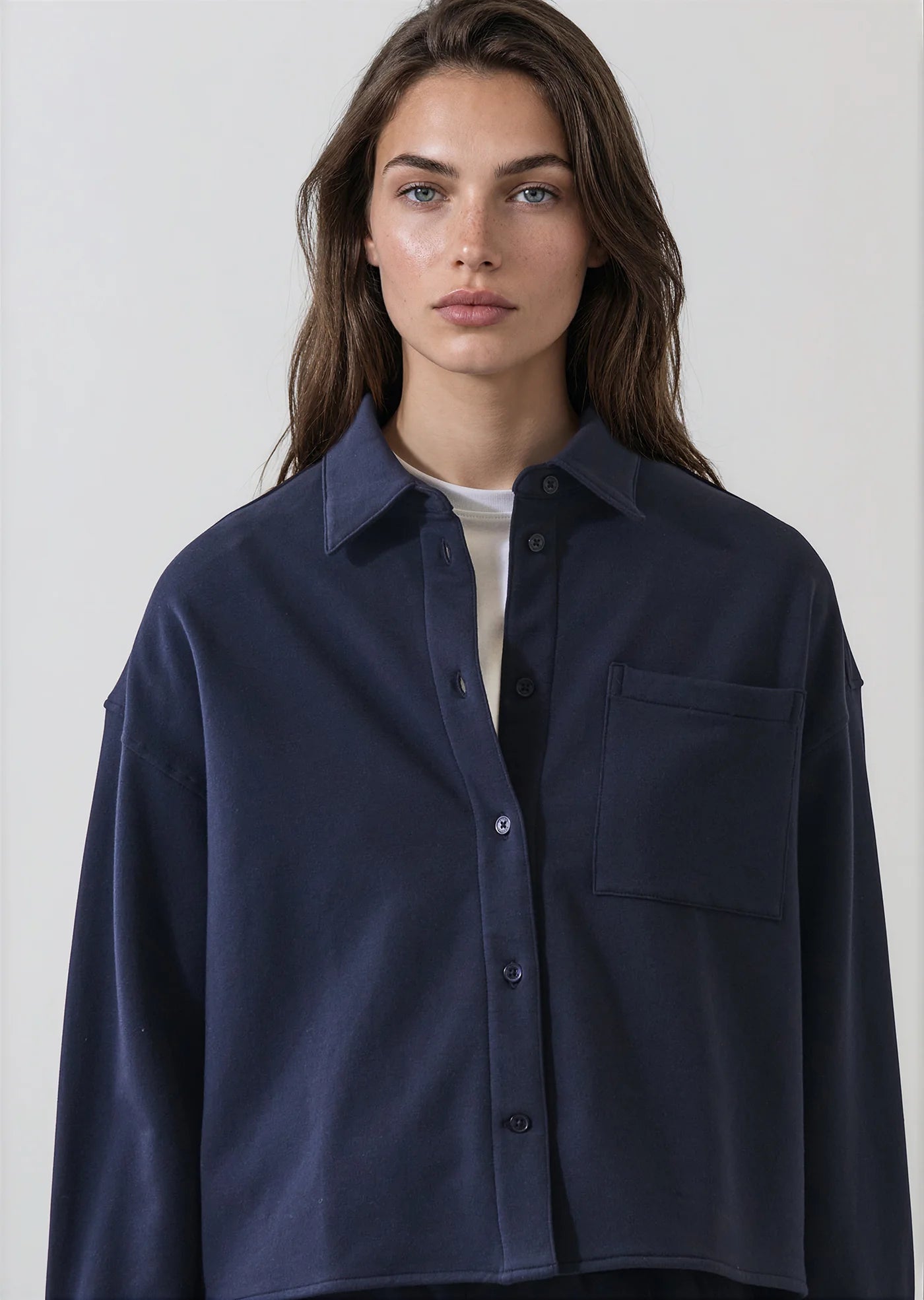 Brushed French Terry Boxy Shirt in Dark Navy