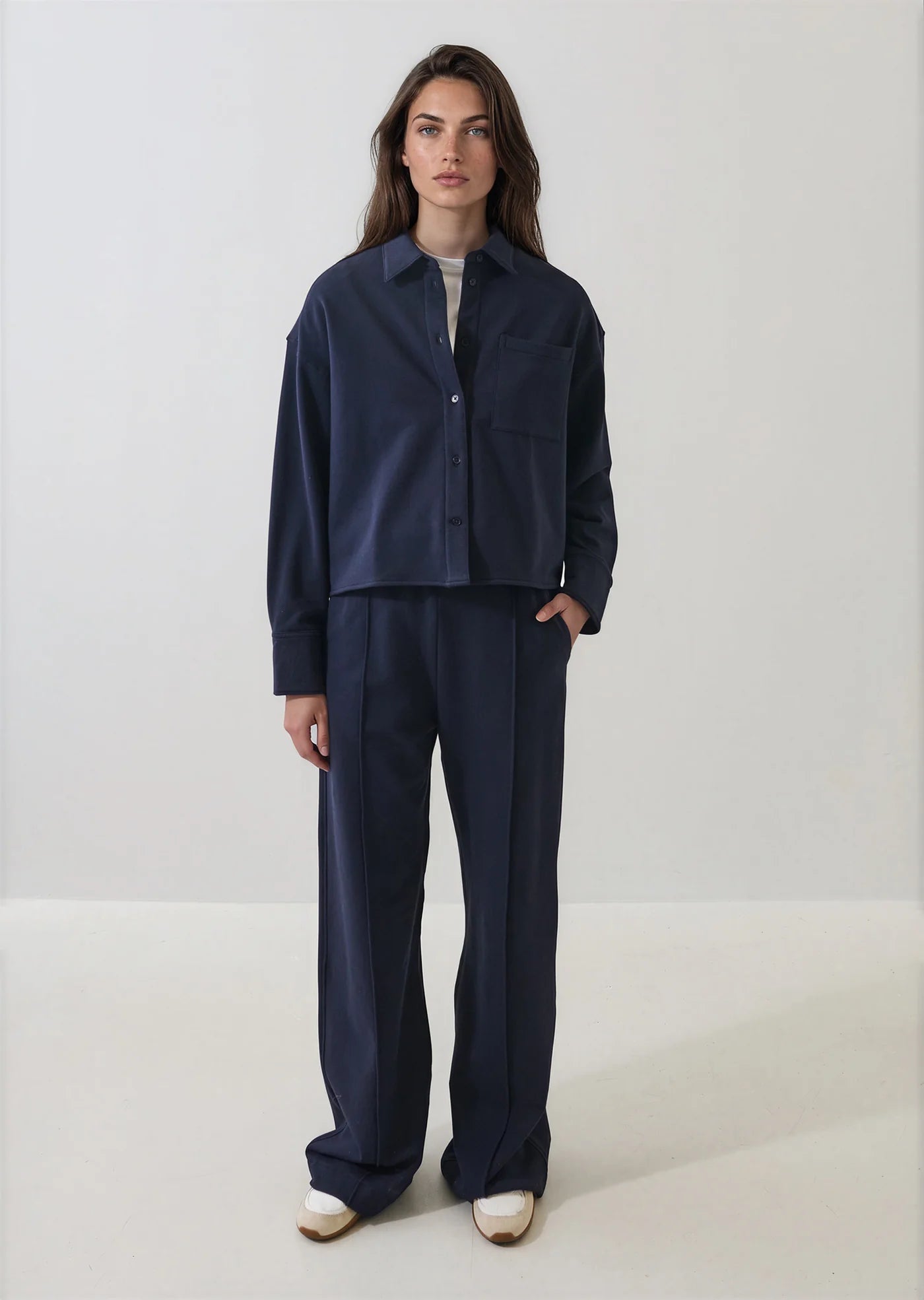 Brushed French Terry Wide Leg Pant in Dark Navy