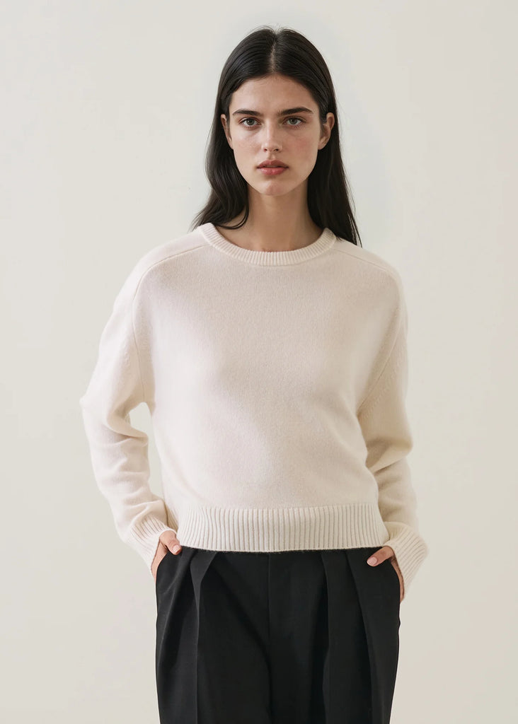 Cashmere Saddle Shoulder Crewneck in Off White