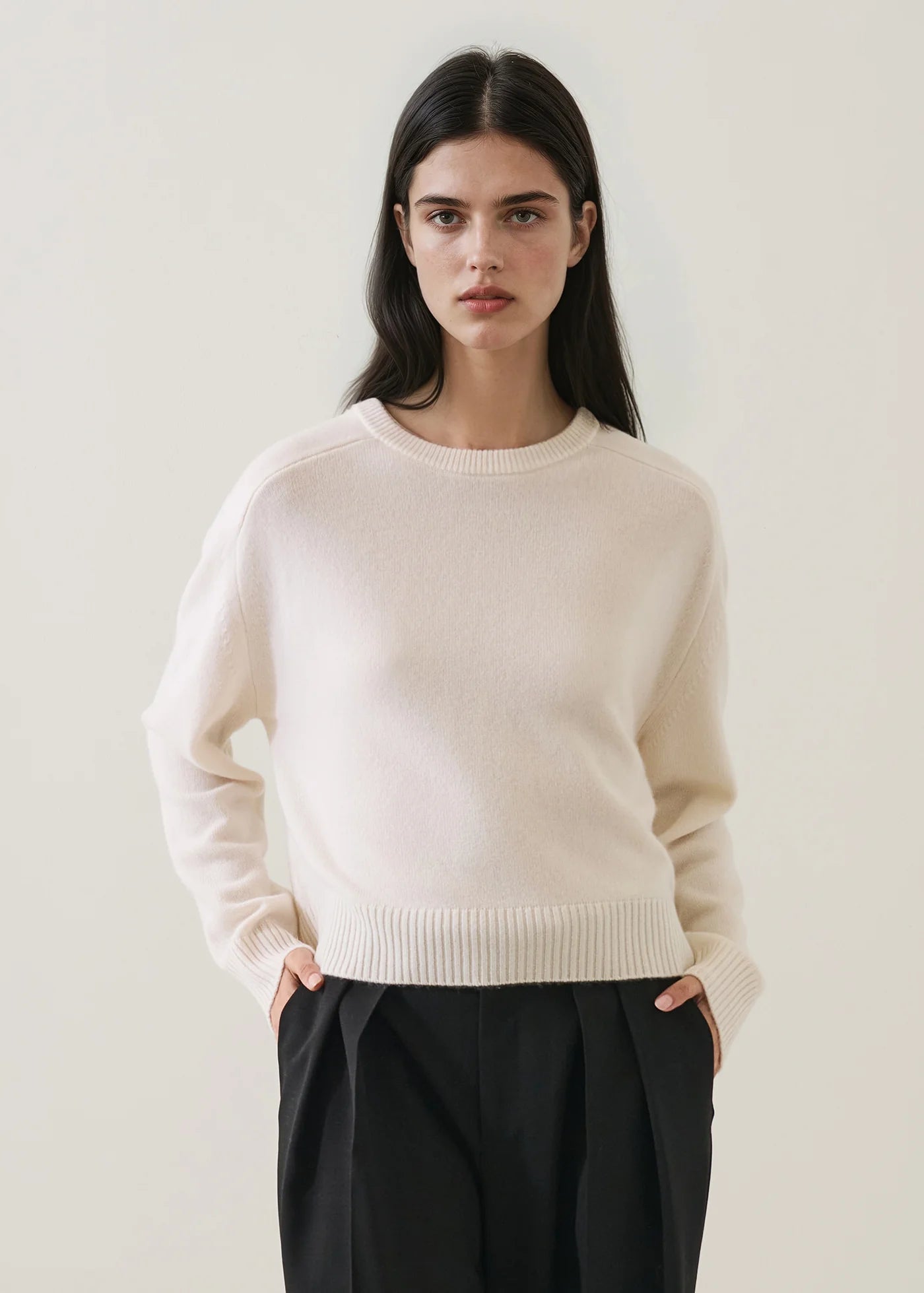 Cashmere Saddle Shoulder Crewneck in Off White