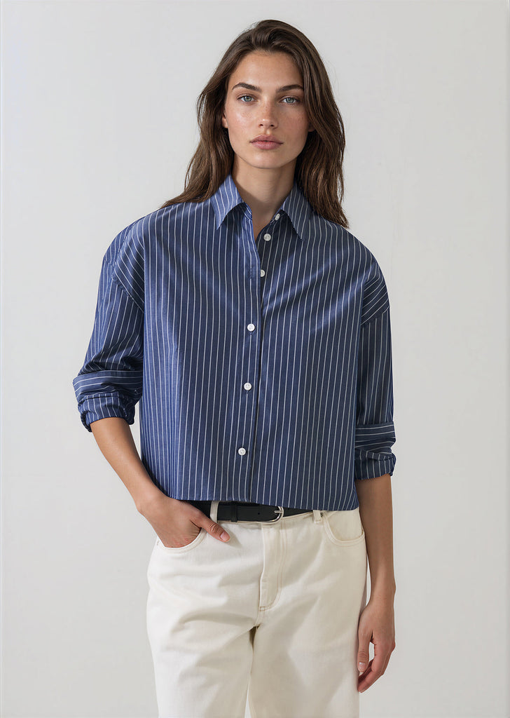 Cotton Stripe Boxy Shirt in Washed Navy