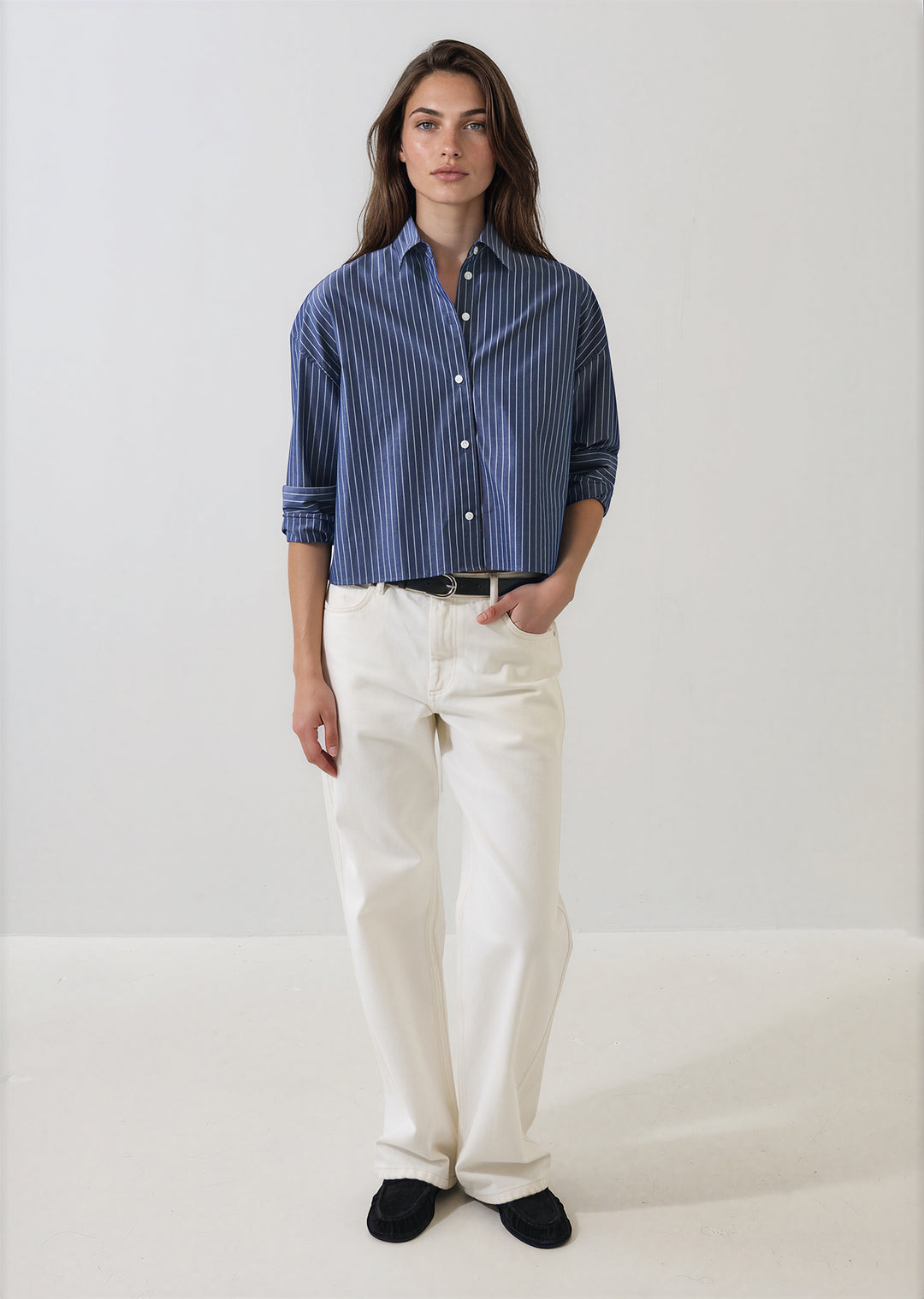 Cotton Stripe Boxy Shirt in Washed Navy
