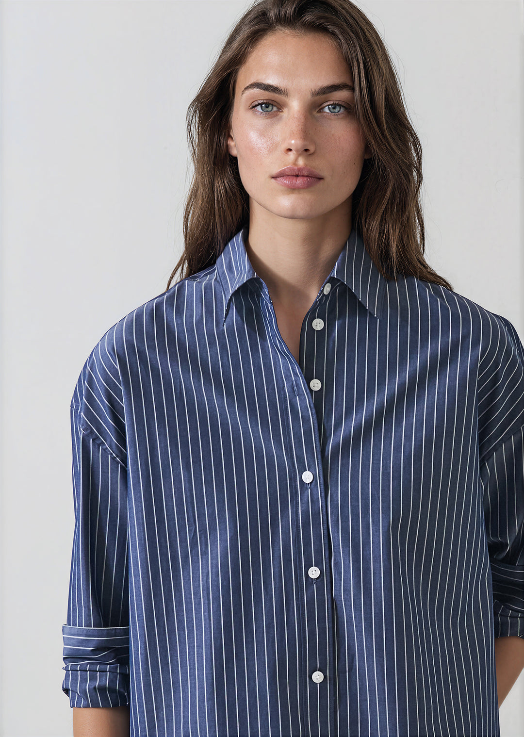 Cotton Stripe Boxy Shirt in Washed Navy