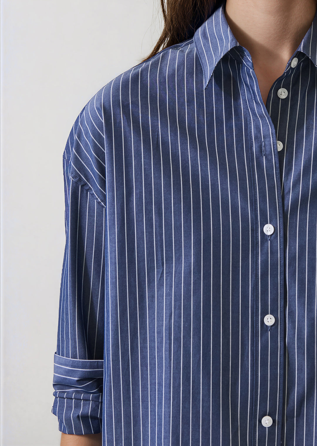 Cotton Stripe Boxy Shirt in Washed Navy