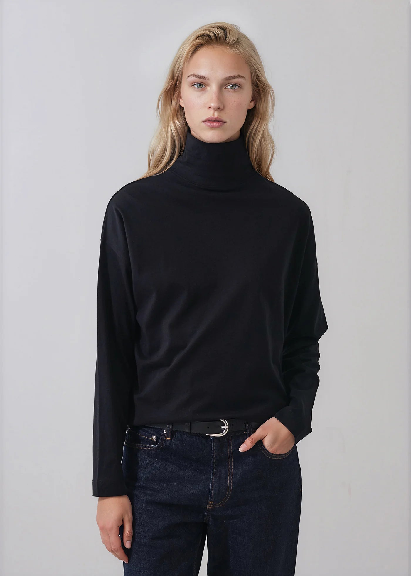 Organic Pima Cotton Oversized Turtleneck in Black