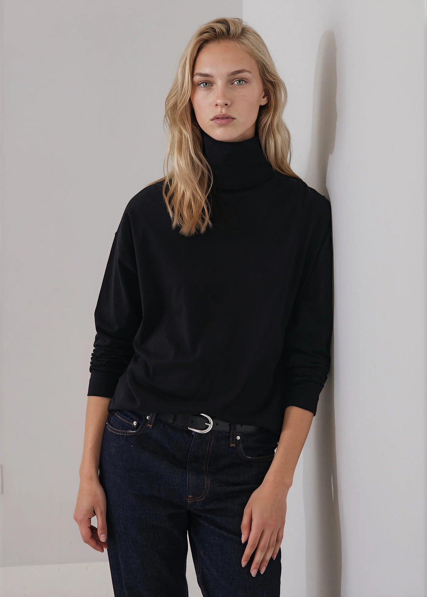 Organic Pima Cotton Oversized Turtleneck in Black