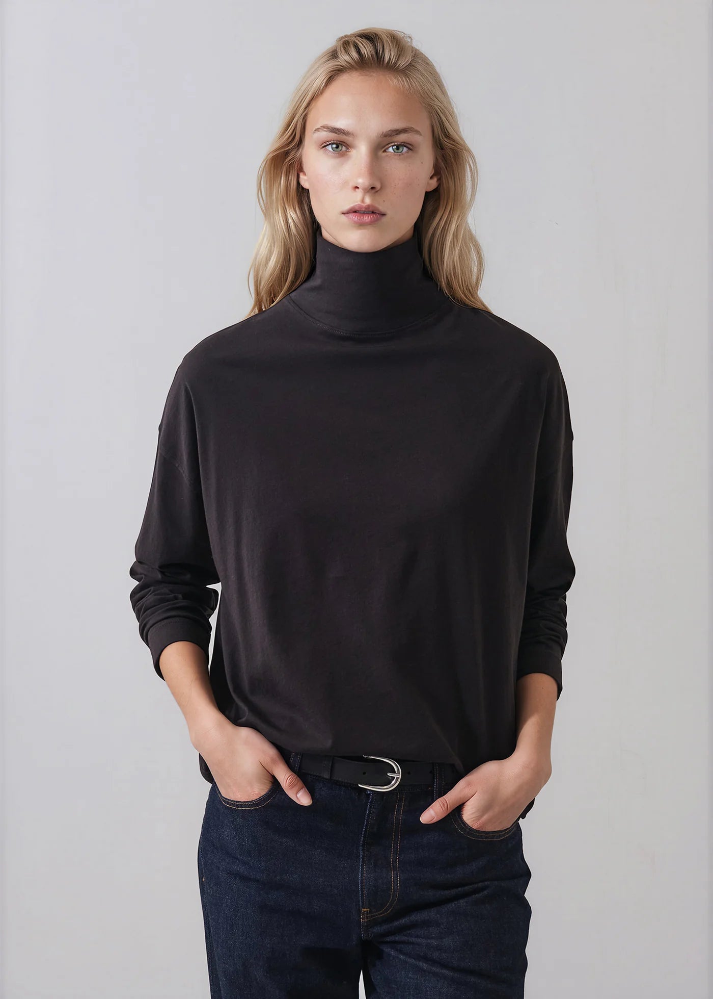 Organic Pima Cotton Oversized Turtleneck in Molasses