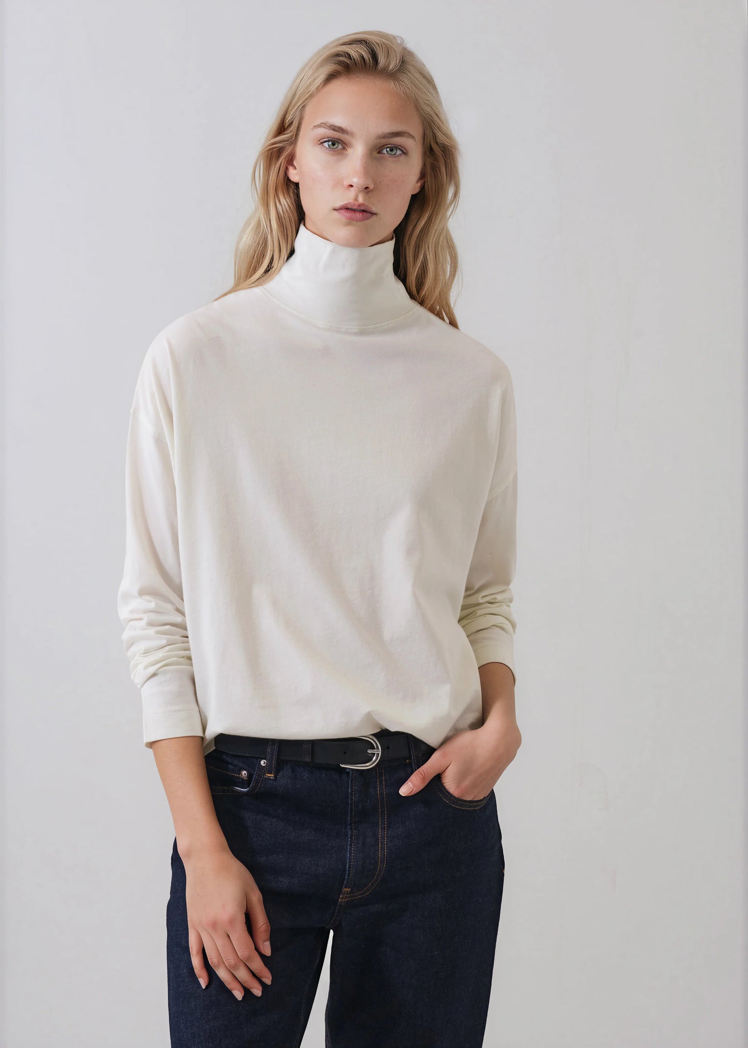 Organic Pima Cotton Oversized Turtleneck in Vanilla