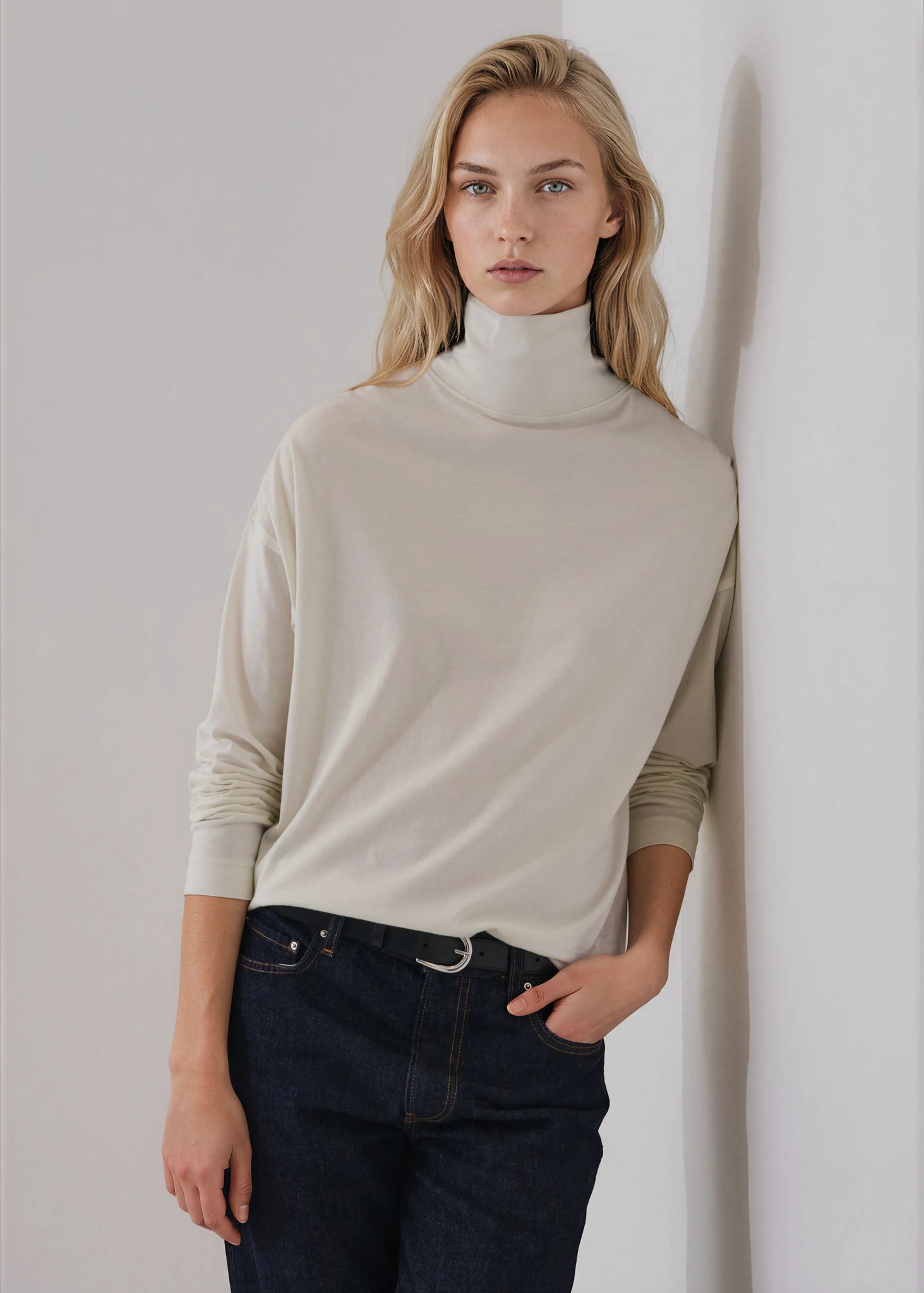 Organic Pima Cotton Oversized Turtleneck in Vanilla