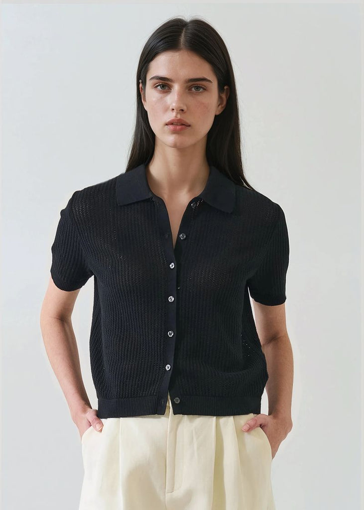 Cotton Cashmere Button Up Knit in Black