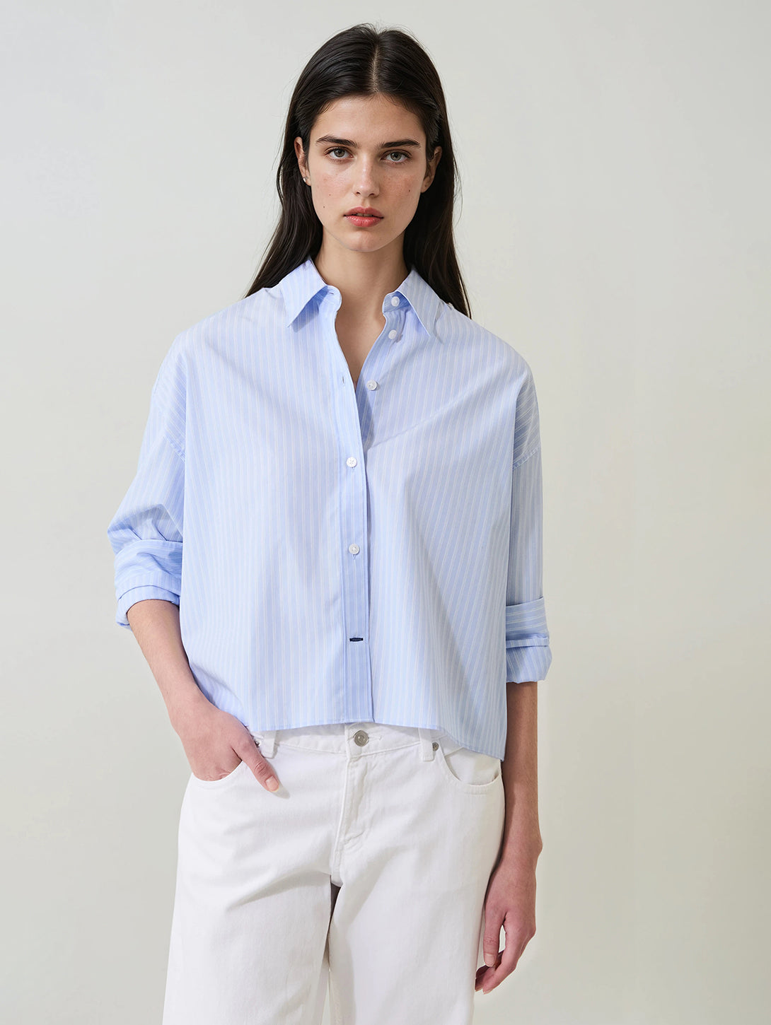 Cotton Stripe Boxy Shirt in Pale Sky