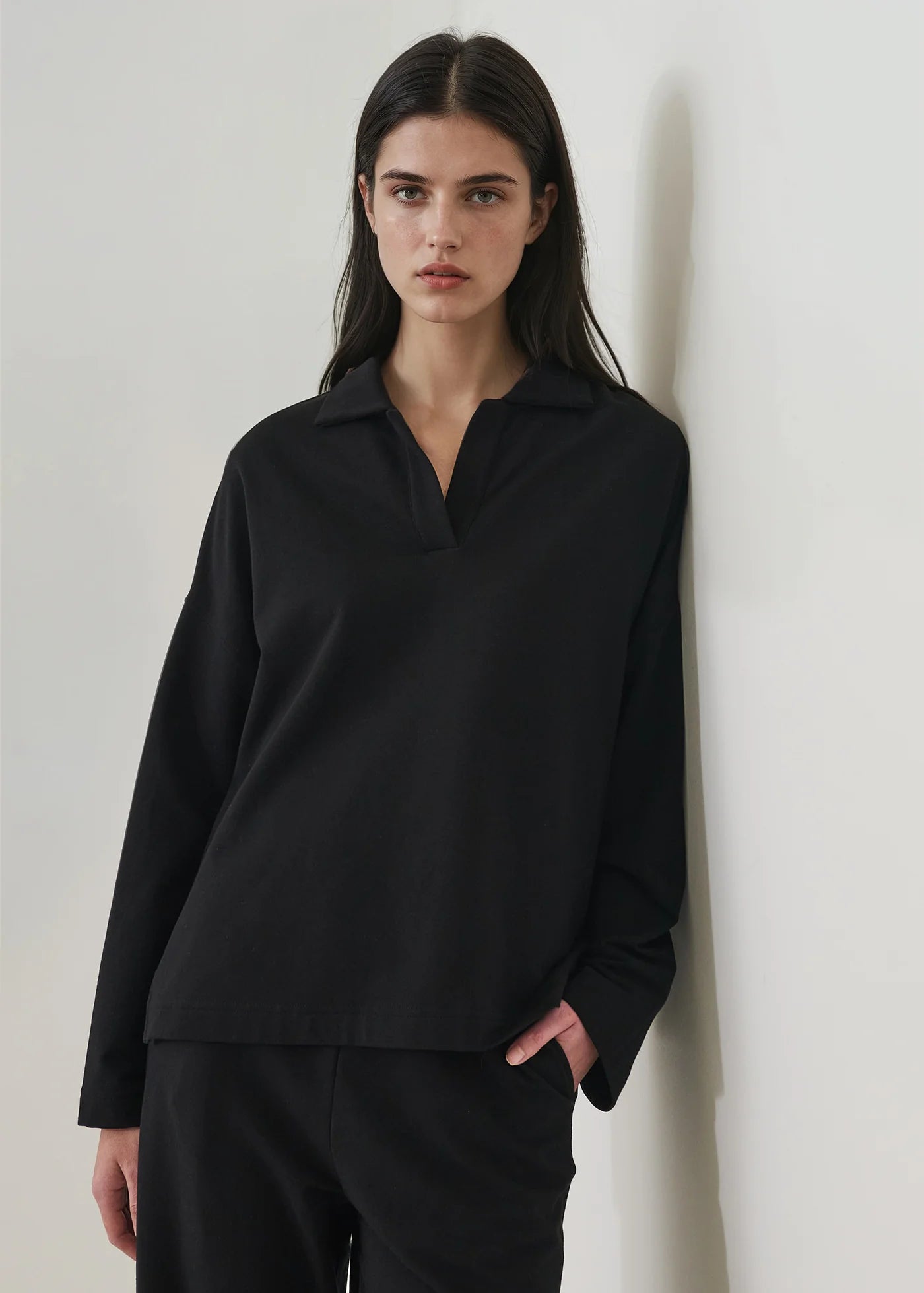 Pima Cotton French Terry Relaxed Polo in Black