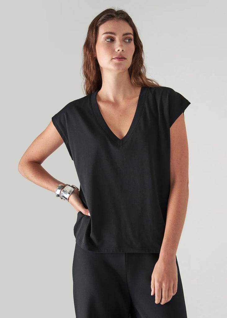Pima Cotton Stretch Dolman V-Neck T-Shirt in Black
