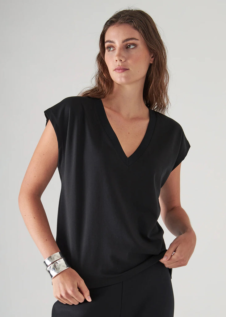 Pima Cotton Stretch Dolman V-Neck T-Shirt in Black