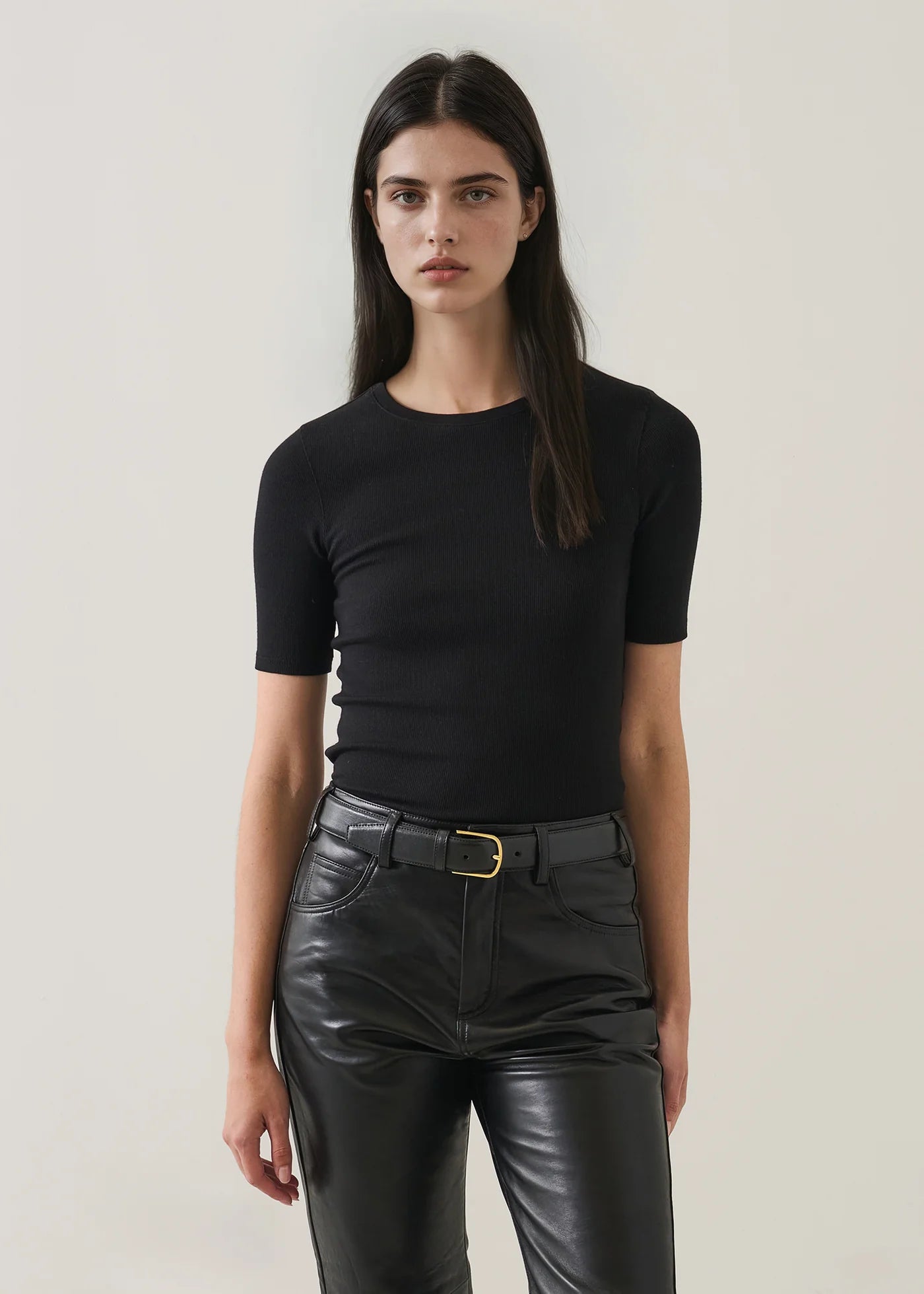 Pima Cotton Stretch Ribbed T-Shirt in Black